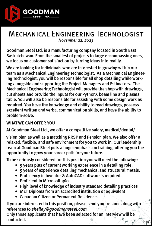 GoodMan Steel LTD -South East Saskatchewan - Mechanical Engineering Technologist 